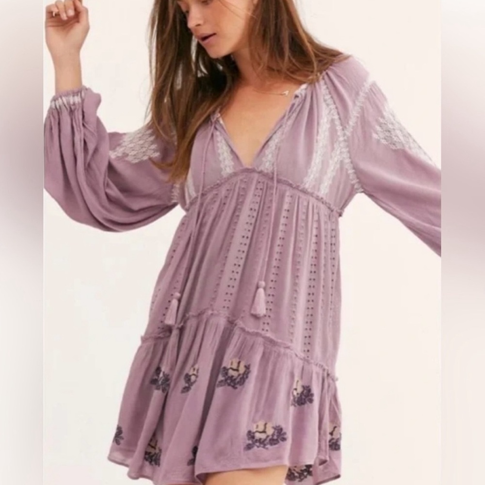 Free People Wild Horses, Lavender, Embroidered, Size Medium, Mini Dress